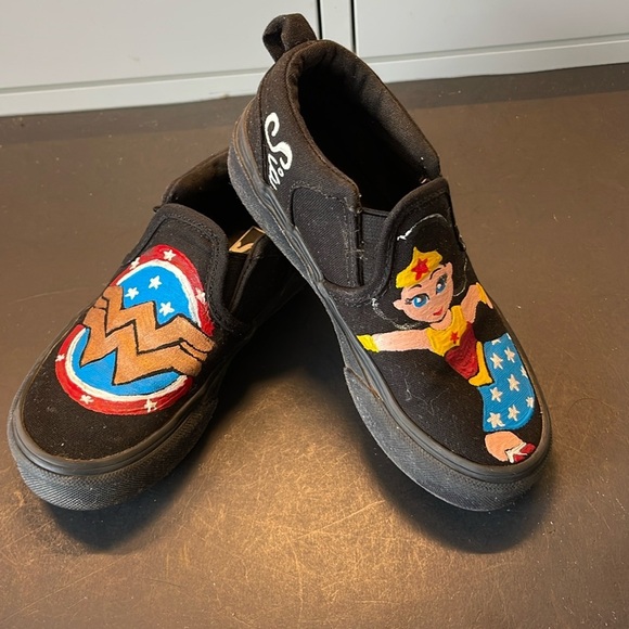 Vans Black Custom Hand Painted Slip On Kids Wonder Woman Sneakers. Size 11. D3/A - Picture 1 of 9